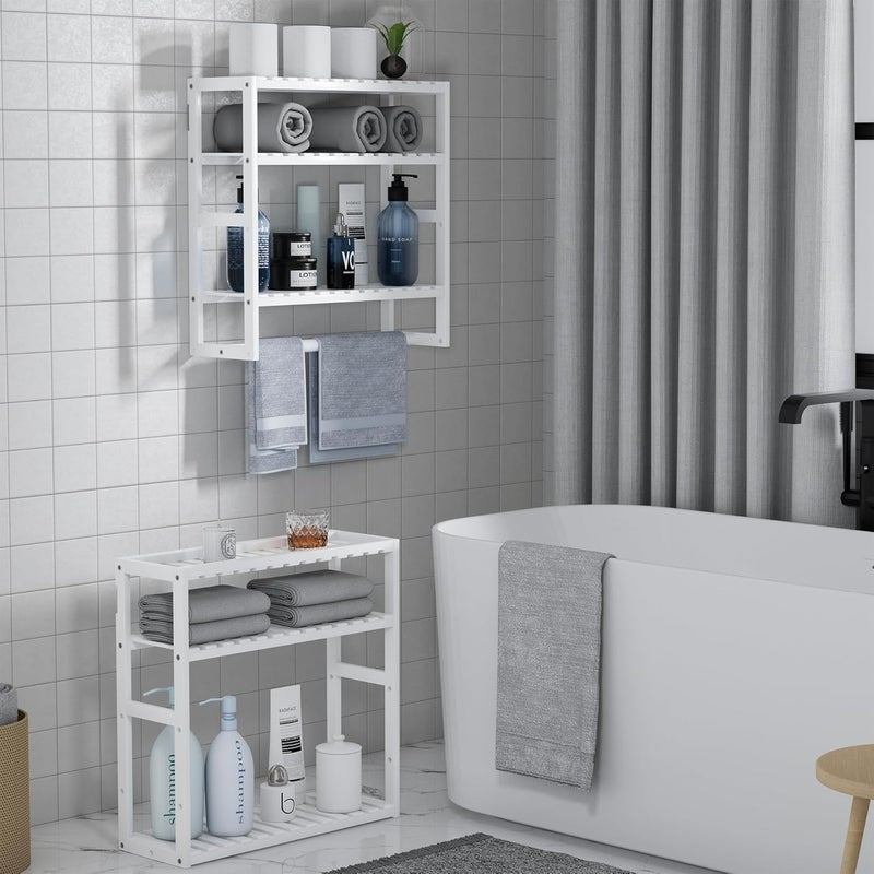 PPN Towel Rack Bathroom Storage Shelves Over The Toilet with Towel Bar 100% Bamboo Adjustable Height Floating Shelf Wall Shower Shelf for Small Space Bathroom Kitchen Multi Usage White New 2Pack - Image 2